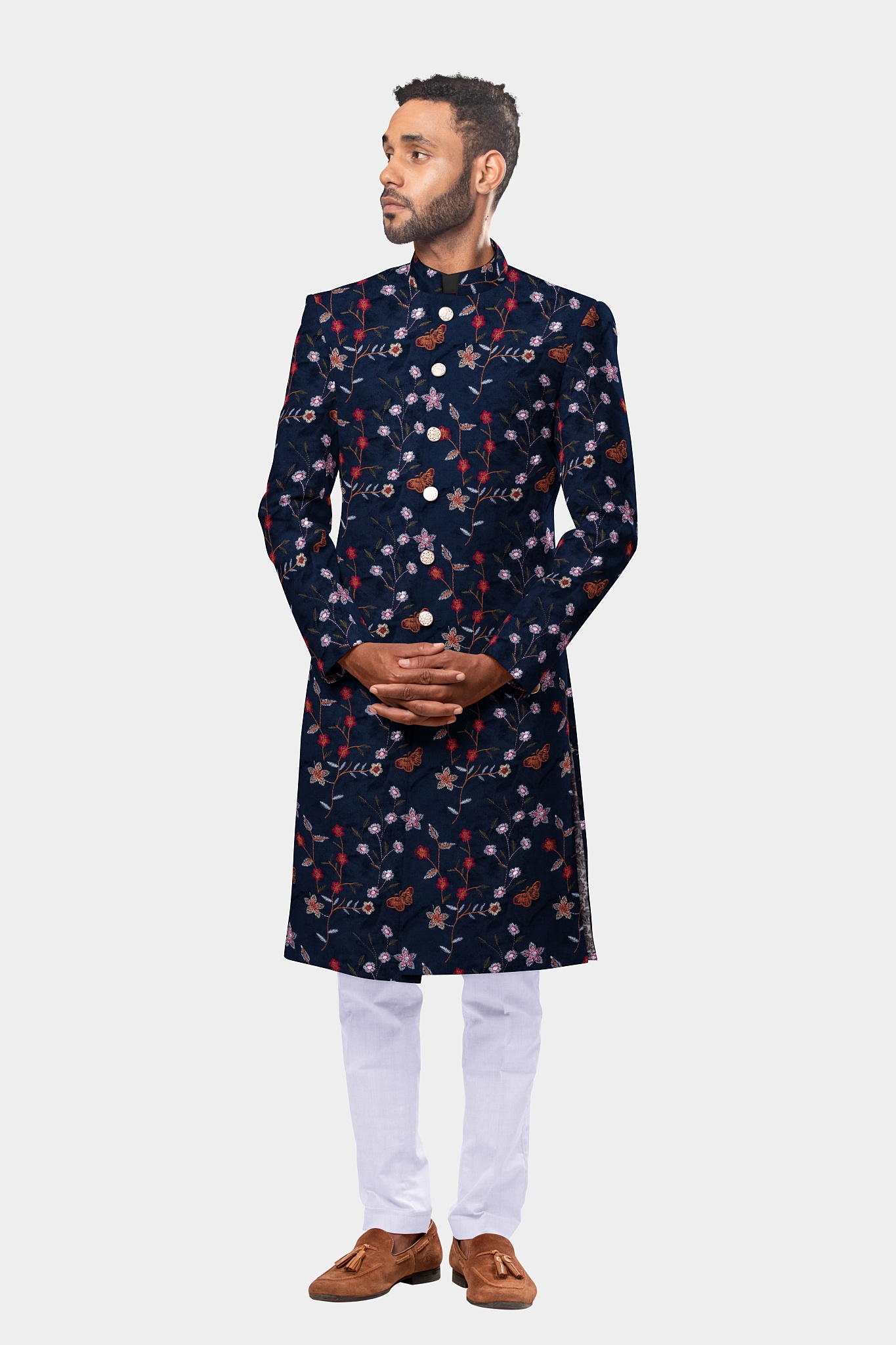 Sapphire Splendor with White, Red, and Golden Design Detailed Sherwani 113JK